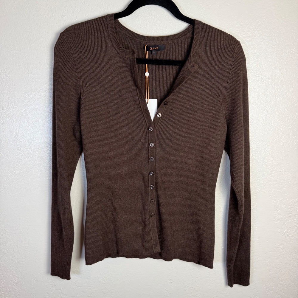 New Quince Women's L Cotton Cashmere Fitted Ribbed Cardigan Mocha Heather Brown